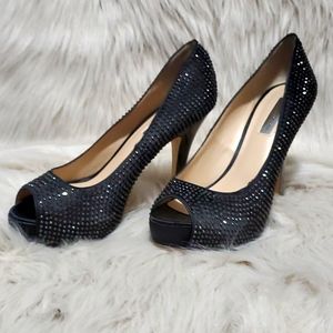 Black peep toe heels with black rhinestones